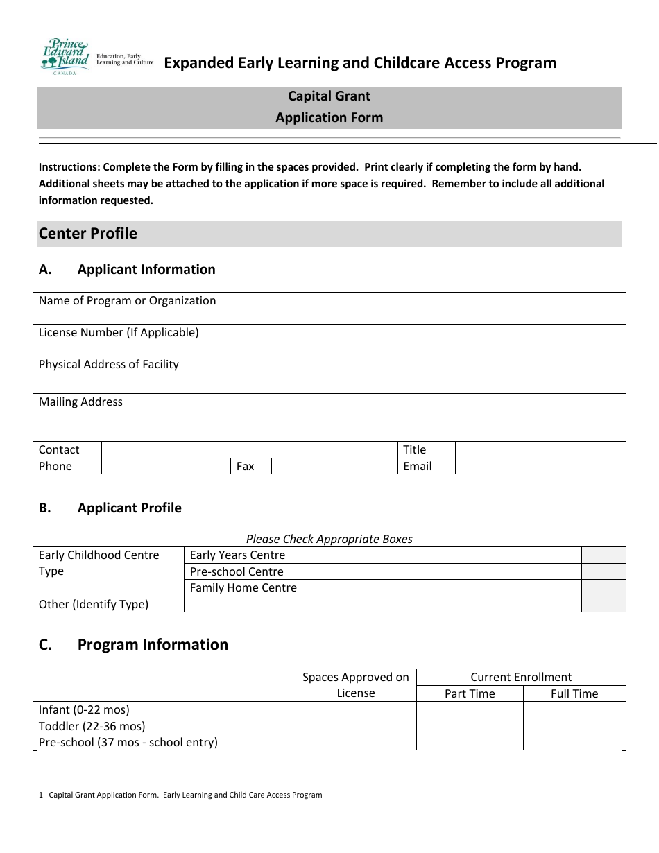 Capital Grant Application Form - Prince Edward Island, Canada, Page 1