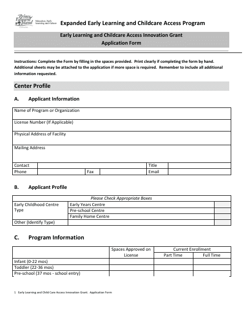 Early Learning and Childcare Access Innovation Grant Application Form - Prince Edward Island, Canada Download Pdf