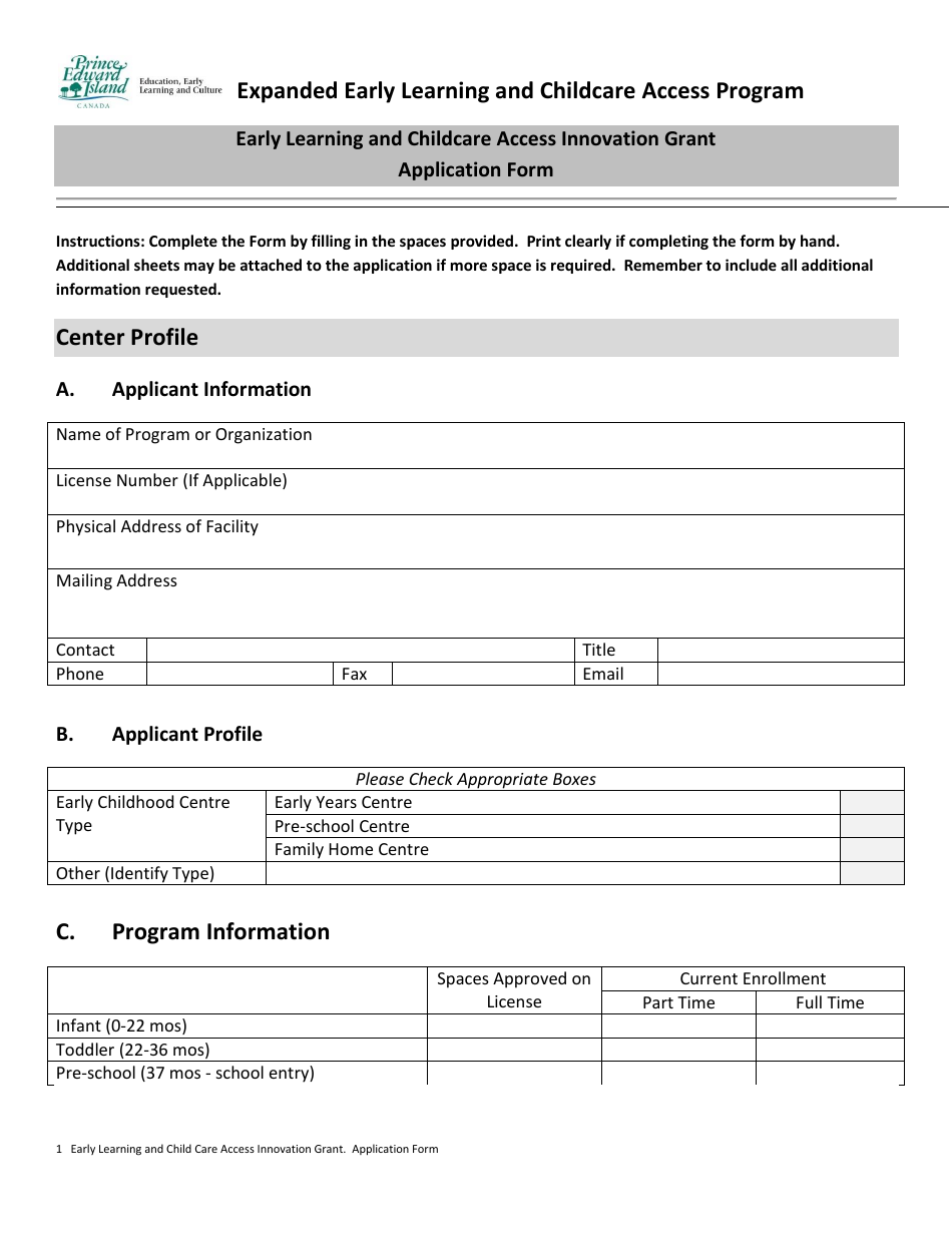 Early Learning and Childcare Access Innovation Grant Application Form - Prince Edward Island, Canada, Page 1
