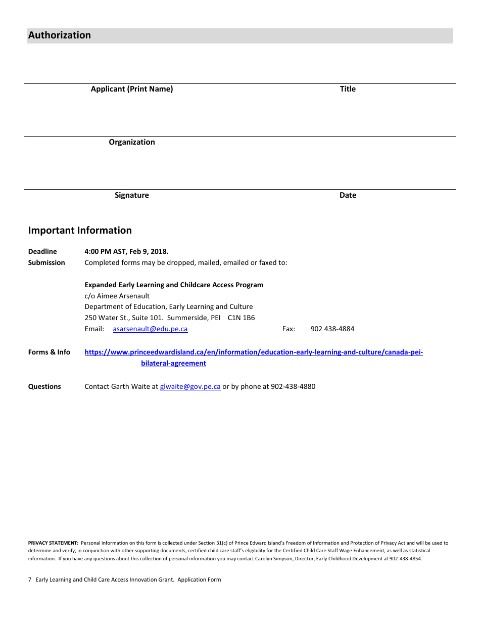 Early Learning and Childcare Access Innovation Grant Application Form - Prince Edward Island, Canada, Page 7