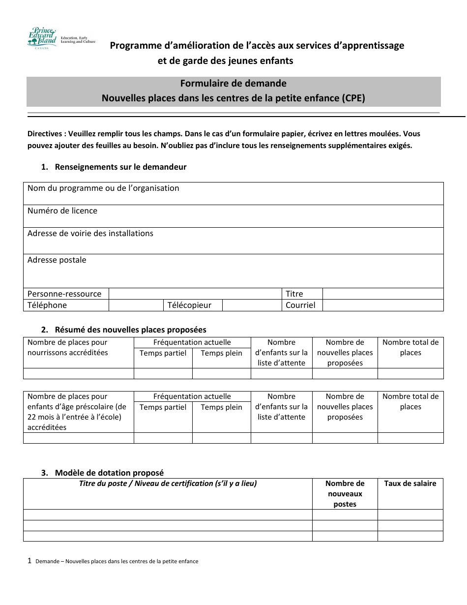 Formulaire De Demande Nouvelles Places Dans Les Centres De La Petite Enfance (Cpe) - Prince Edward Island, Canada (French), Page 1