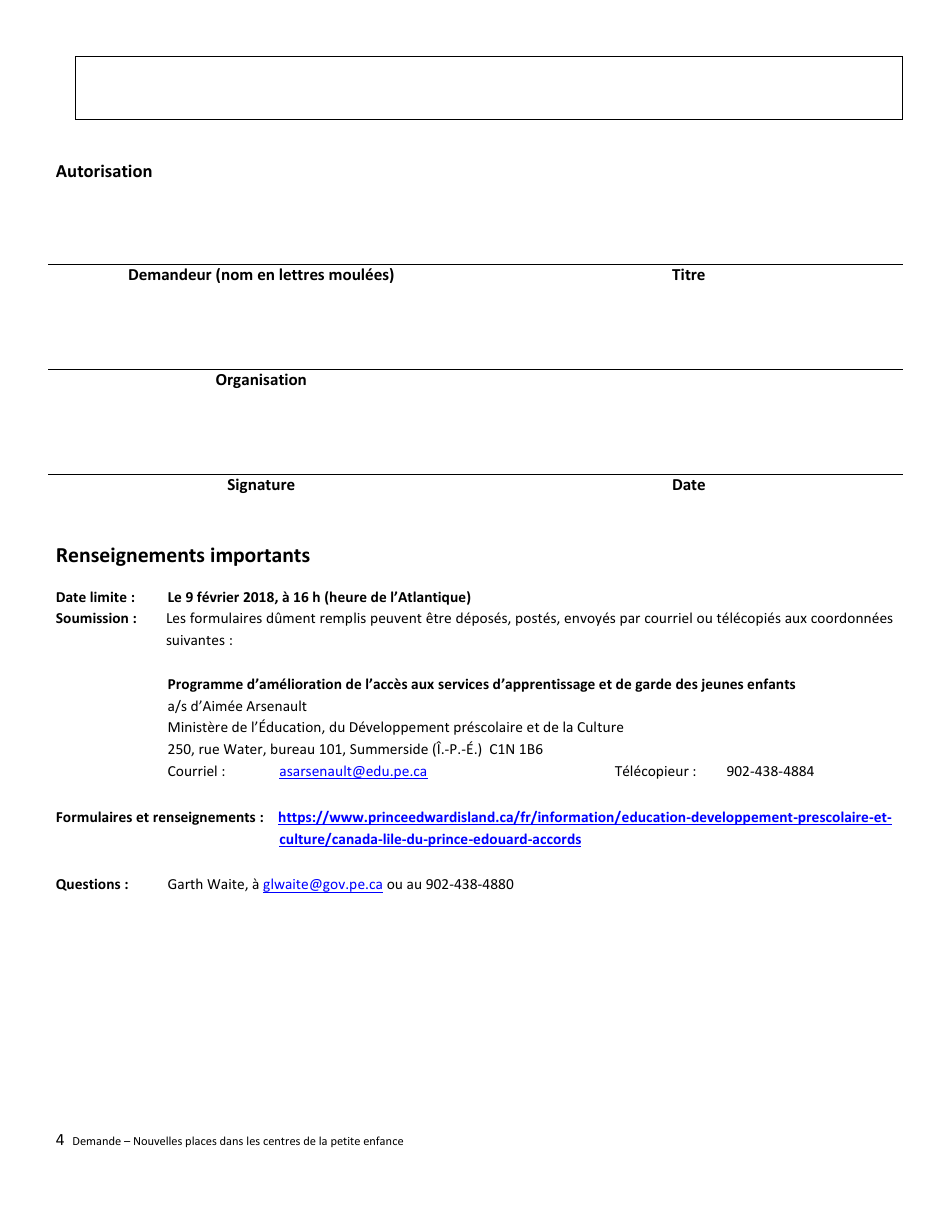 Formulaire De Demande Nouvelles Places Dans Les Centres De La Petite Enfance (Cpe) - Prince Edward Island, Canada (French), Page 4