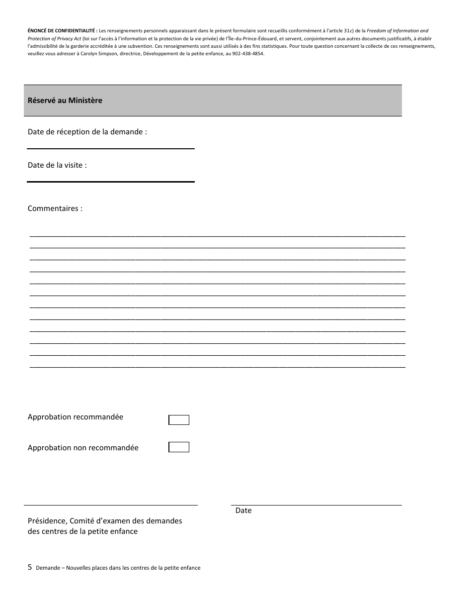 Formulaire De Demande Nouvelles Places Dans Les Centres De La Petite Enfance (Cpe) - Prince Edward Island, Canada (French), Page 5