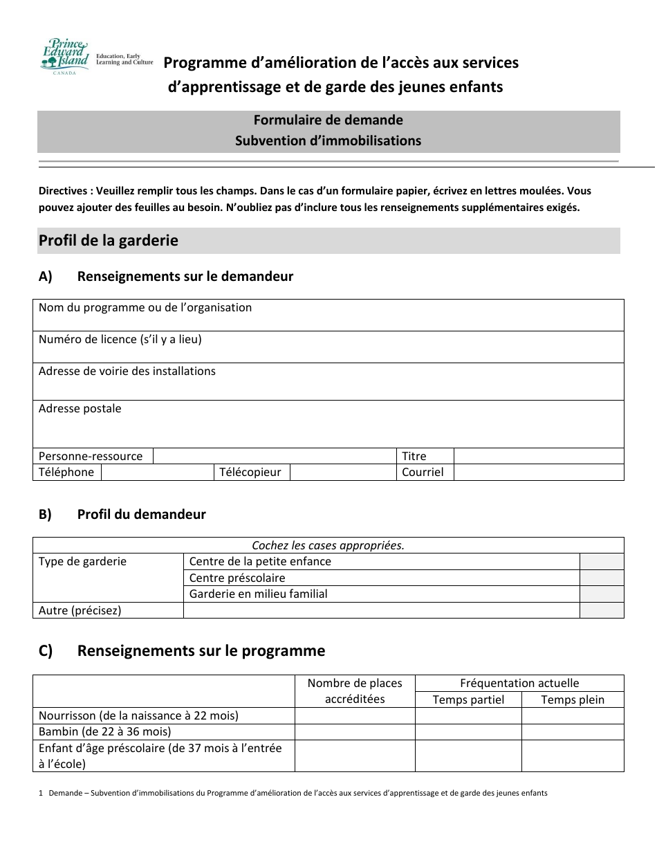 Formulaire De Demande Subvention Dimmobilisations - Prince Edward Island, Canada (French), Page 1