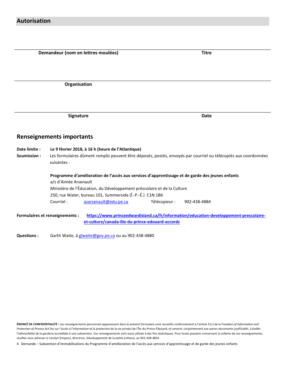 Formulaire De Demande Subvention Dimmobilisations - Prince Edward Island, Canada (French), Page 4
