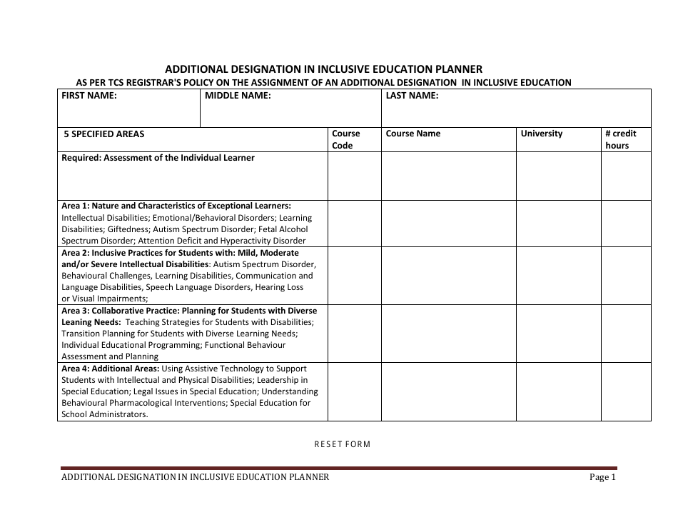 Additional Designation in Inclusive Education Planner - Prince Edward Island, Canada, Page 1
