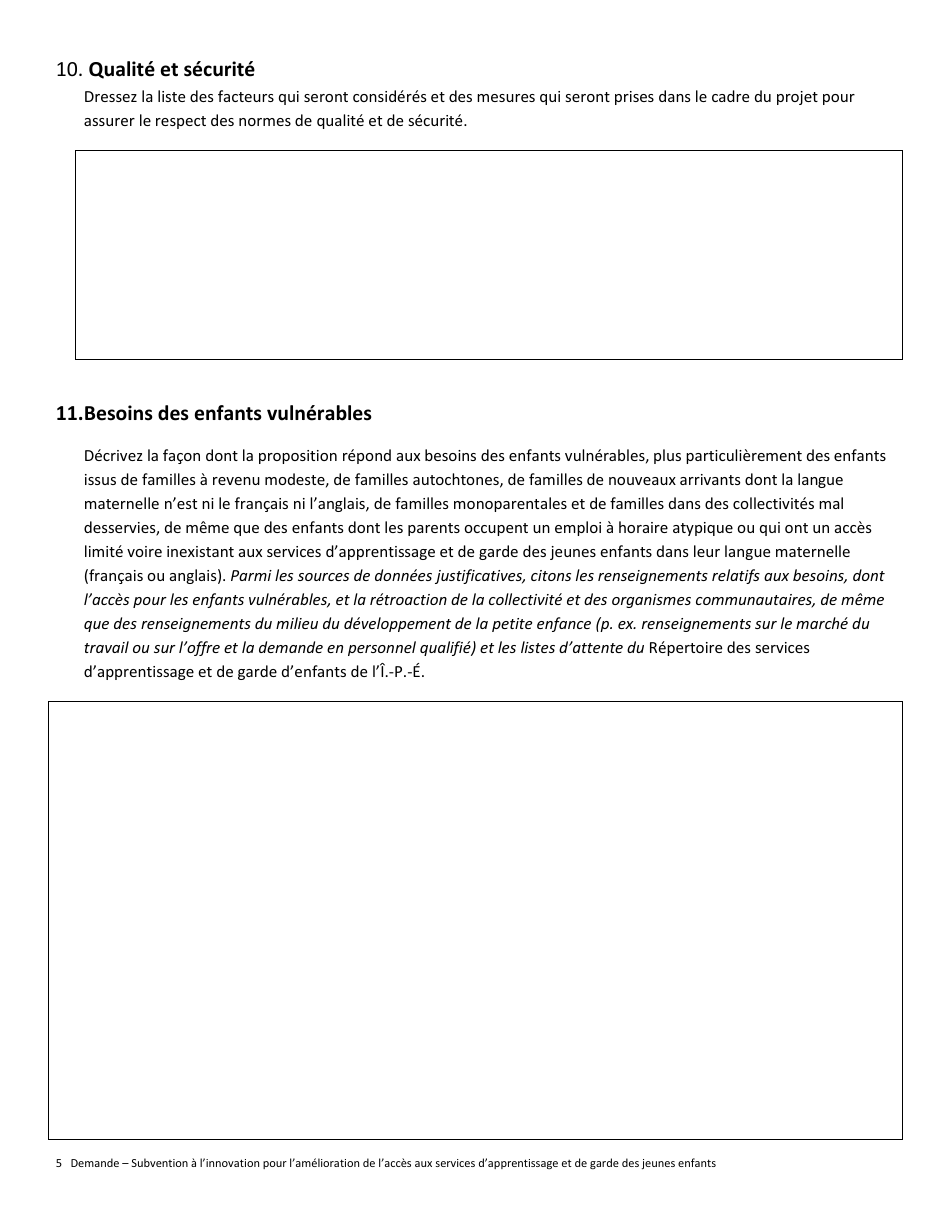 Formulaire De Demande Subvention a Linnovation Pour Lamelioration De Lacces Aux Services Dapprentissage Et De Garde DES Jeunes Enfants - Prince Edward Island, Canada (French), Page 5