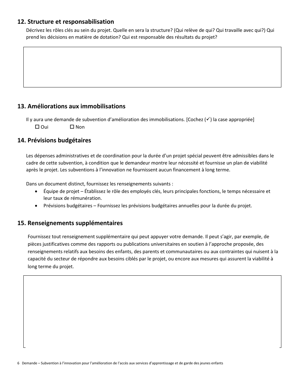 Formulaire De Demande Subvention a Linnovation Pour Lamelioration De Lacces Aux Services Dapprentissage Et De Garde DES Jeunes Enfants - Prince Edward Island, Canada (French), Page 6
