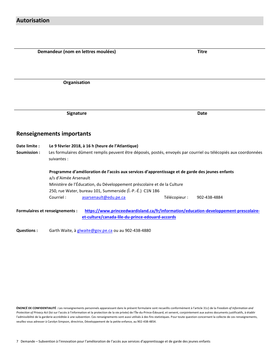 Formulaire De Demande Subvention a Linnovation Pour Lamelioration De Lacces Aux Services Dapprentissage Et De Garde DES Jeunes Enfants - Prince Edward Island, Canada (French), Page 7