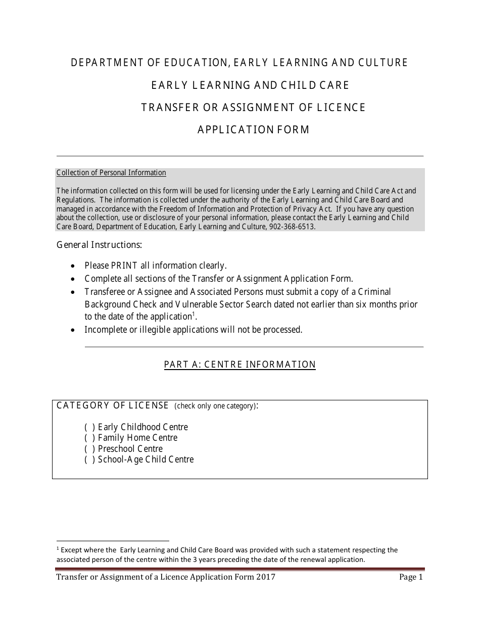 Early Learning and Child Care Transfer or Assignment of Licence Application Form - Prince Edward Island, Canada, Page 1