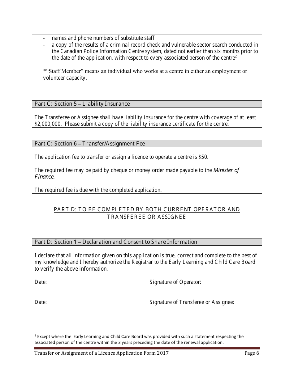 Early Learning and Child Care Transfer or Assignment of Licence Application Form - Prince Edward Island, Canada, Page 6