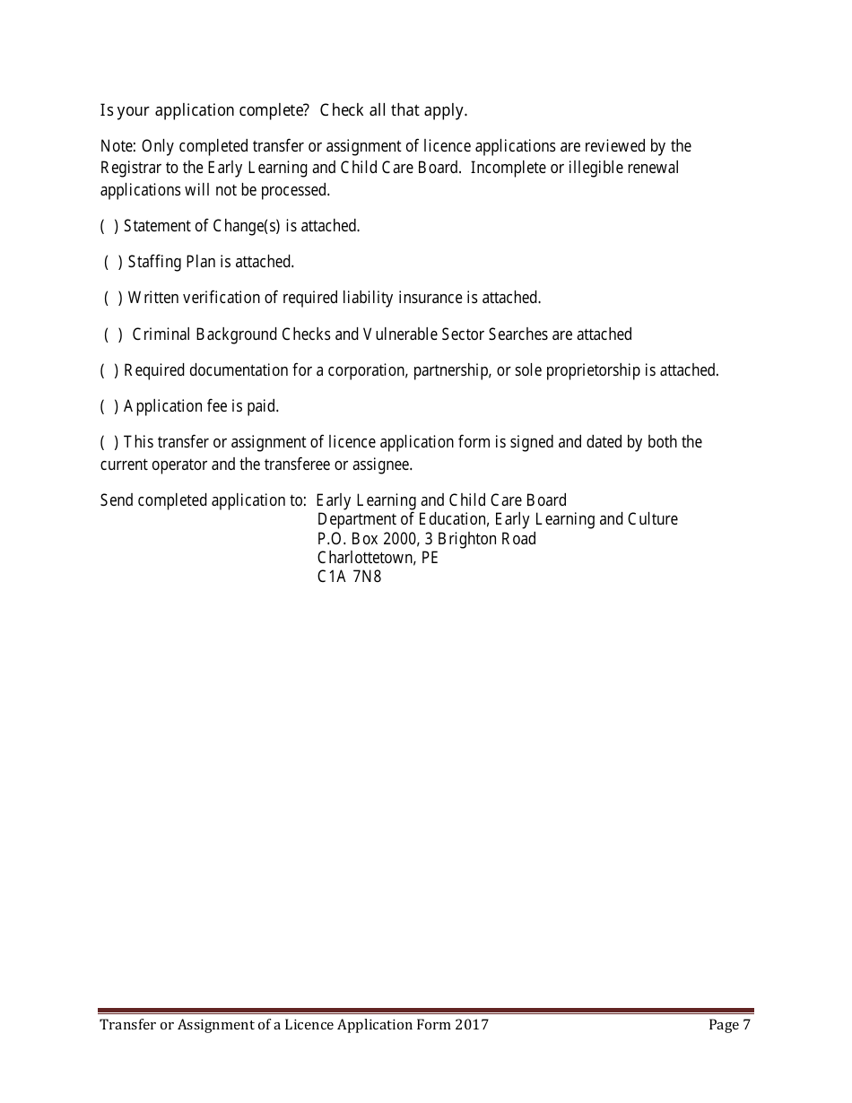 Early Learning and Child Care Transfer or Assignment of Licence Application Form - Prince Edward Island, Canada, Page 7