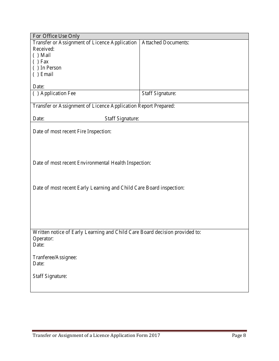 Early Learning and Child Care Transfer or Assignment of Licence Application Form - Prince Edward Island, Canada, Page 8