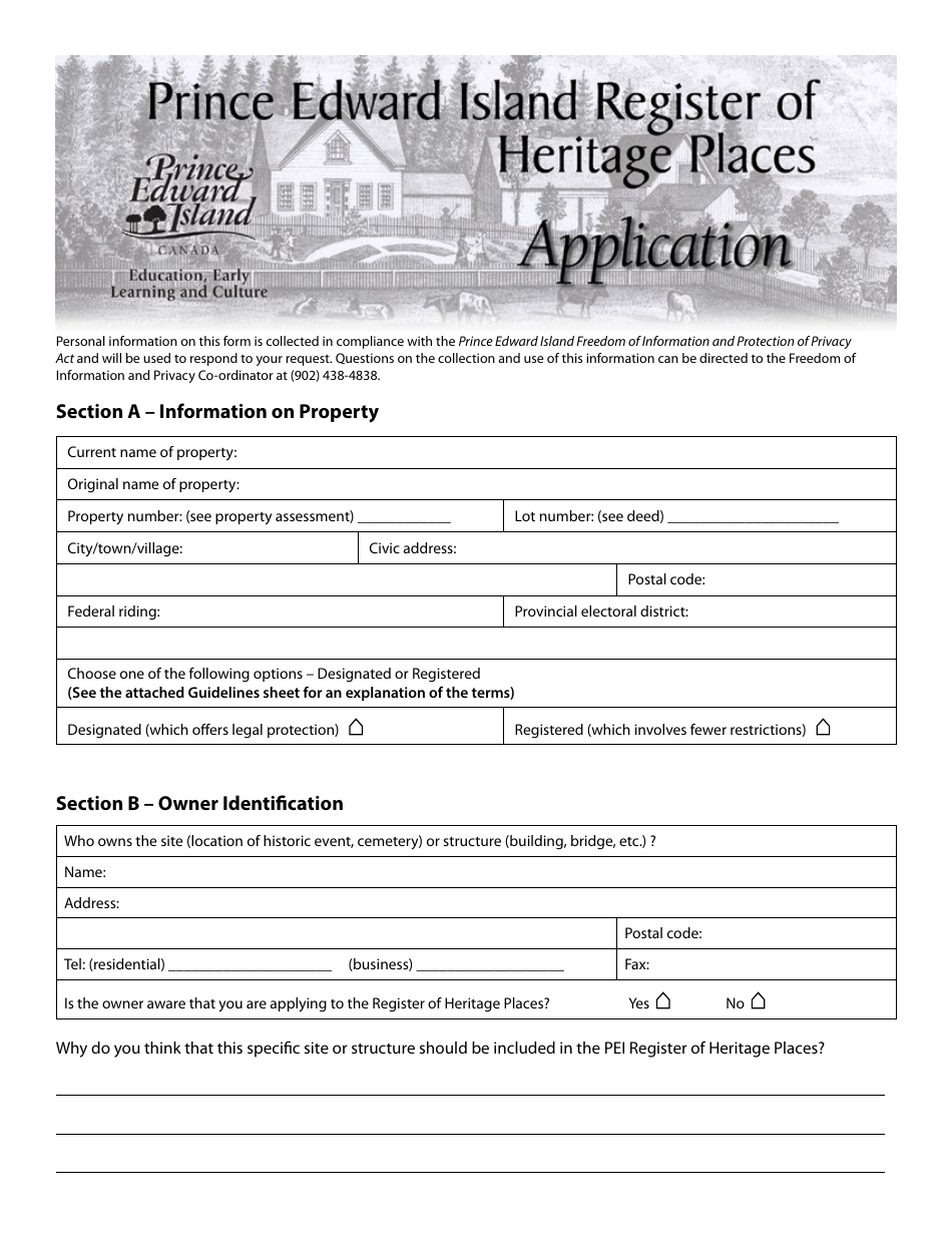 Pei Register of Heritage Places Application - Prince Edward Island, Canada, Page 1