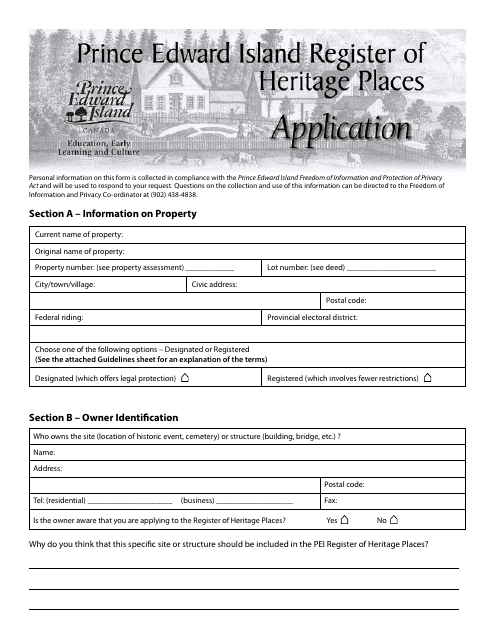 Pei Register of Heritage Places Application - Prince Edward Island, Canada Download Pdf