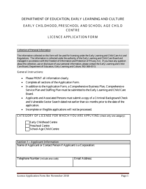 Early Childhood, Preschool and School Age Child Centre Licence Application Form - Prince Edward Island, Canada Download Pdf