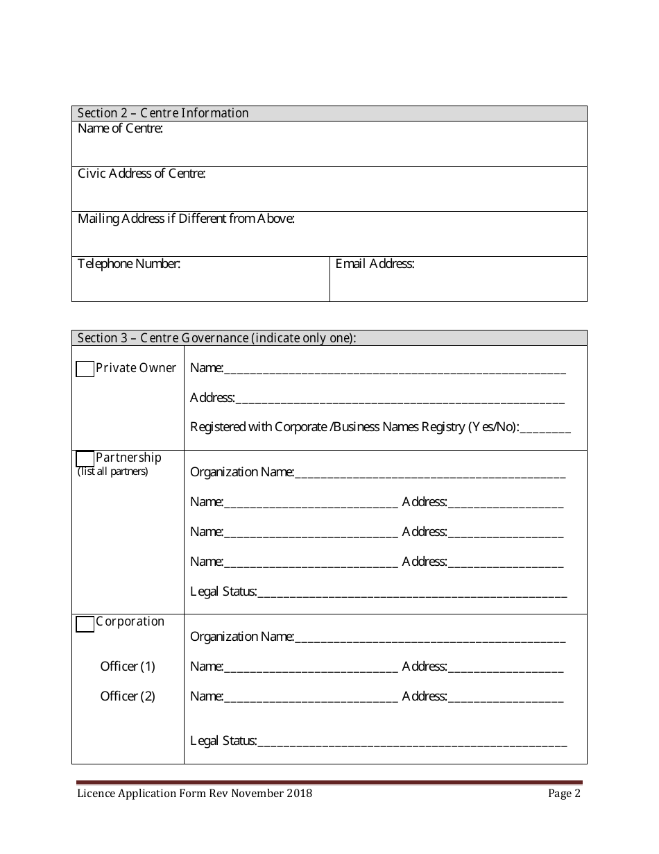 Early Childhood, Preschool and School Age Child Centre Licence Application Form - Prince Edward Island, Canada, Page 2