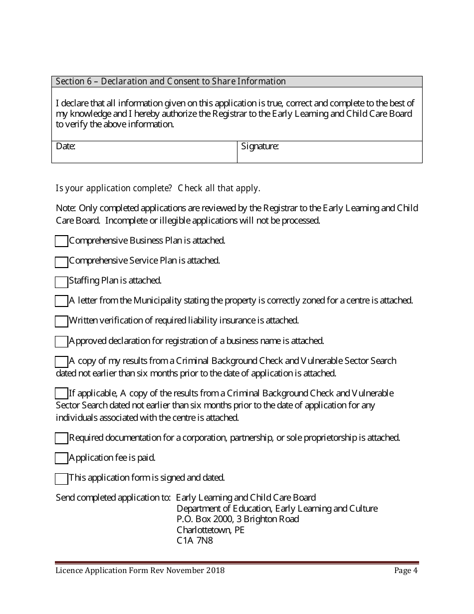 Early Childhood, Preschool and School Age Child Centre Licence Application Form - Prince Edward Island, Canada, Page 4