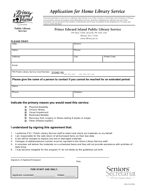 Application for Home Library Service - Prince Edward Island, Canada Download Pdf