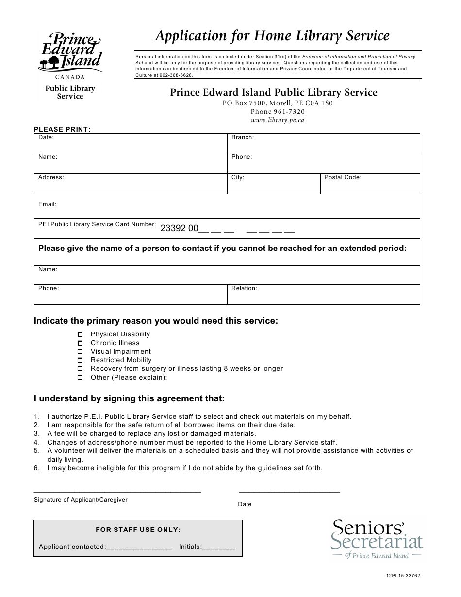 Application for Home Library Service - Prince Edward Island, Canada, Page 1