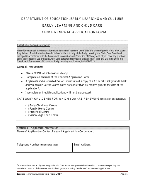 Early Learning and Child Care Licence Renewal Application Form - Prince Edward Island, Canada Download Pdf