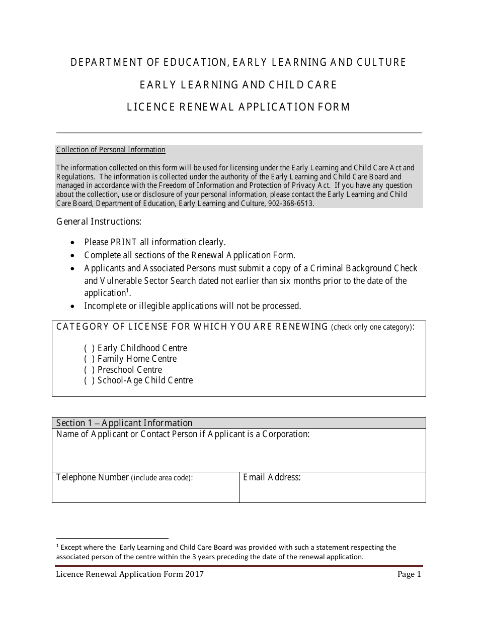 Early Learning and Child Care Licence Renewal Application Form - Prince Edward Island, Canada, Page 1