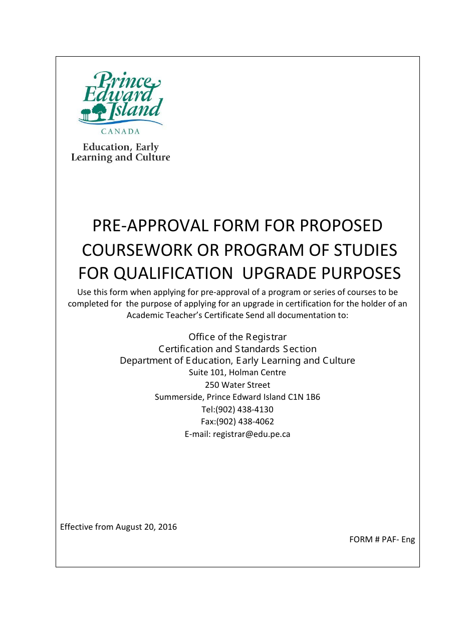 Pre-approval Form for Proposed Coursework or Program of Studies for Qualification Upgrade Purposes - Prince Edward Island, Canada, Page 1