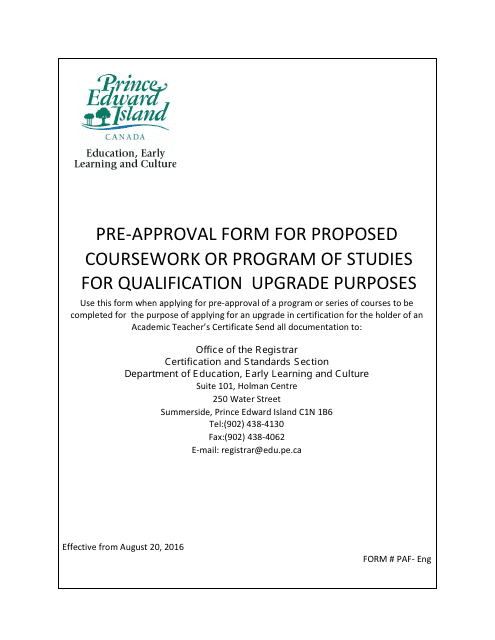 Pre-approval Form for Proposed Coursework or Program of Studies for Qualification Upgrade Purposes - Prince Edward Island, Canada Download Pdf