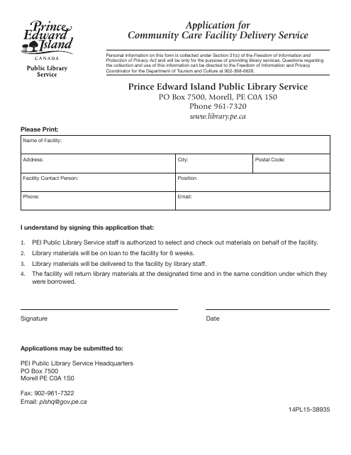Application for Community Care Facility Delivery Service - Prince Edward Island, Canada Download Pdf