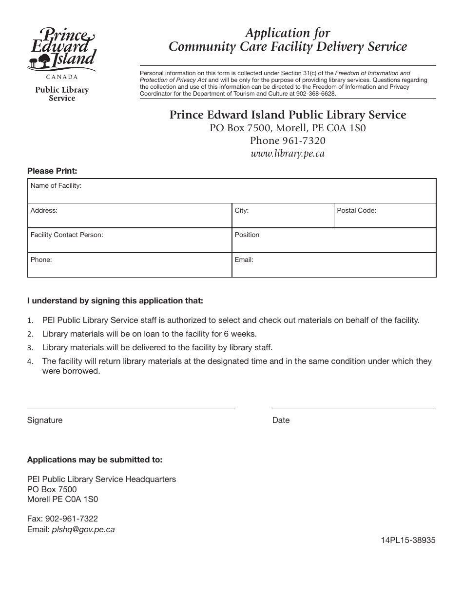 Application for Community Care Facility Delivery Service - Prince Edward Island, Canada, Page 1