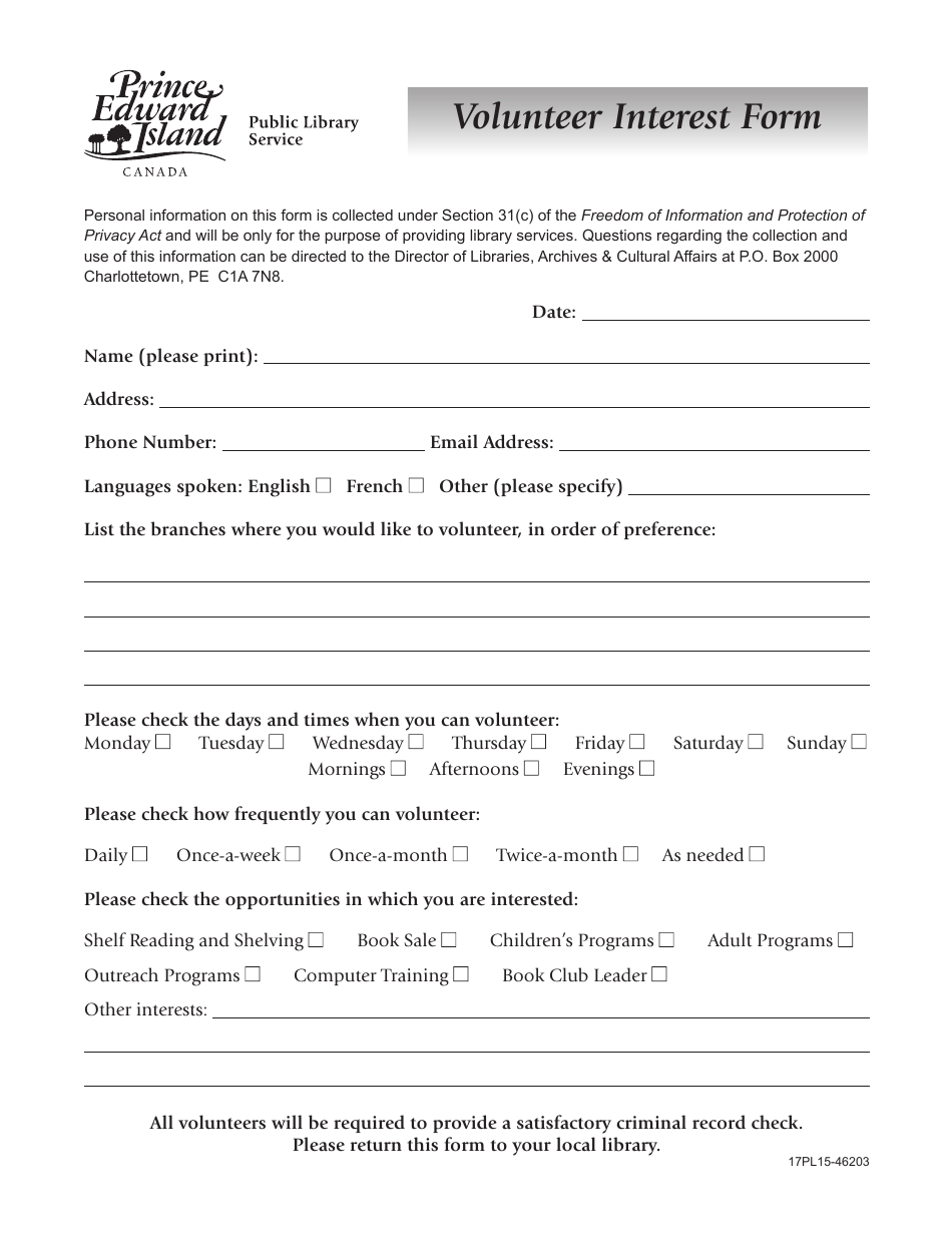 Prince Edward Island Canada Volunteer Interest Form Fill Out, Sign
