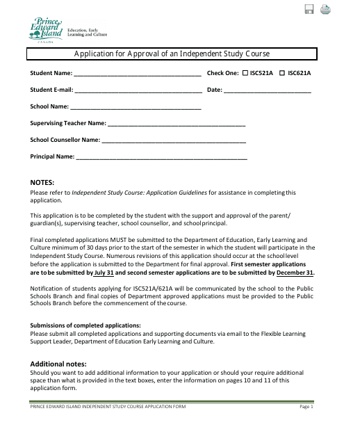 Application for Approval of an Independent Study Course - Prince Edward Island, Canada