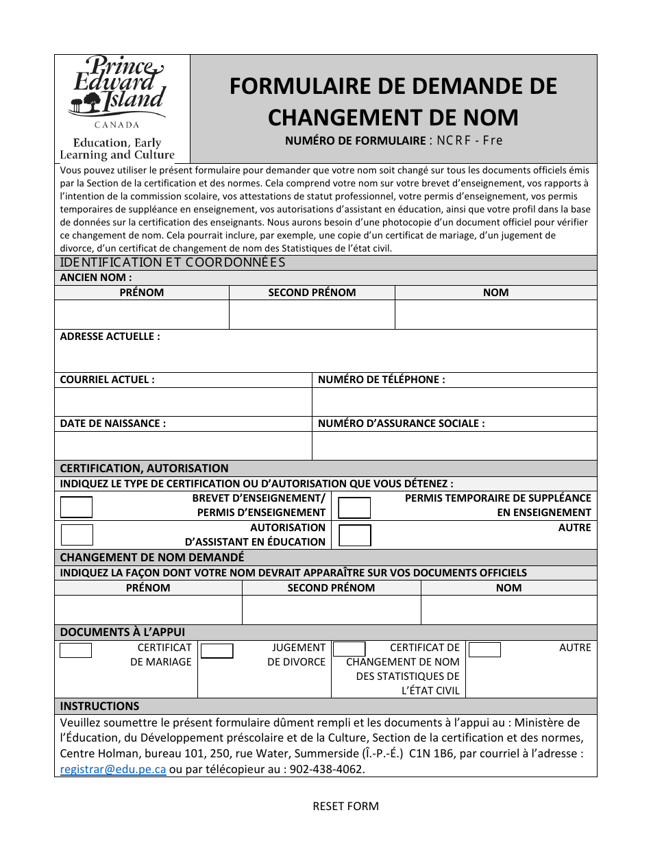 Forme NCRF - FRE Formulaire De Demande De Changement De Nom - Prince Edward Island, Canada (French), Page 1