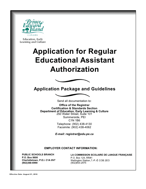 Application for Regular Educational Assistant Authorization - Prince Edward Island, Canada
