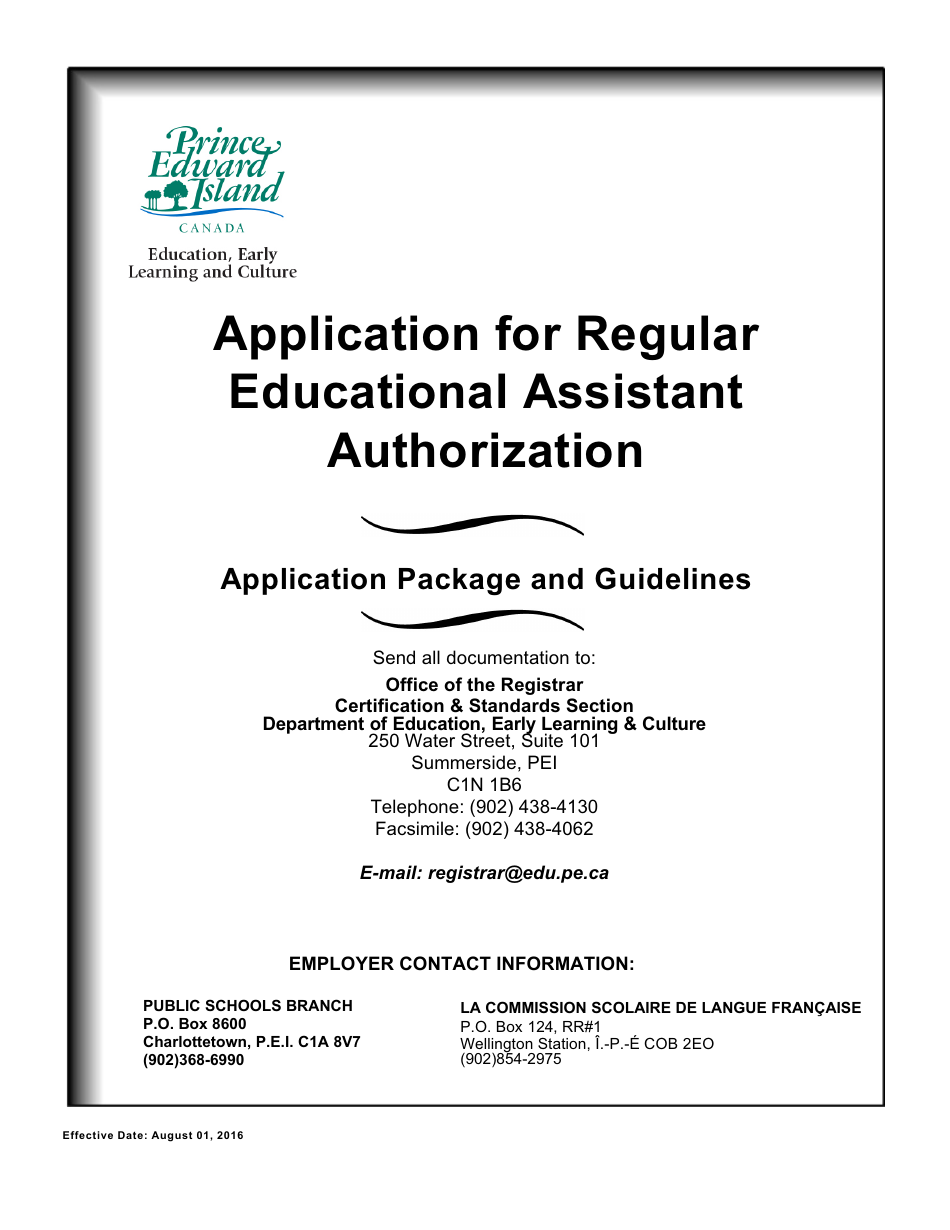 Application for Regular Educational Assistant Authorization - Prince Edward Island, Canada, Page 1