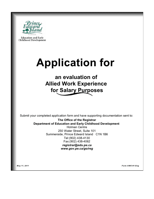 Application for an Evaluation of Allied Work Experience for Salary Purposes - Prince Edward Island, Canada Download Pdf