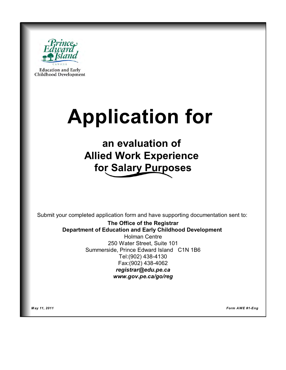 Application for an Evaluation of Allied Work Experience for Salary Purposes - Prince Edward Island, Canada, Page 1