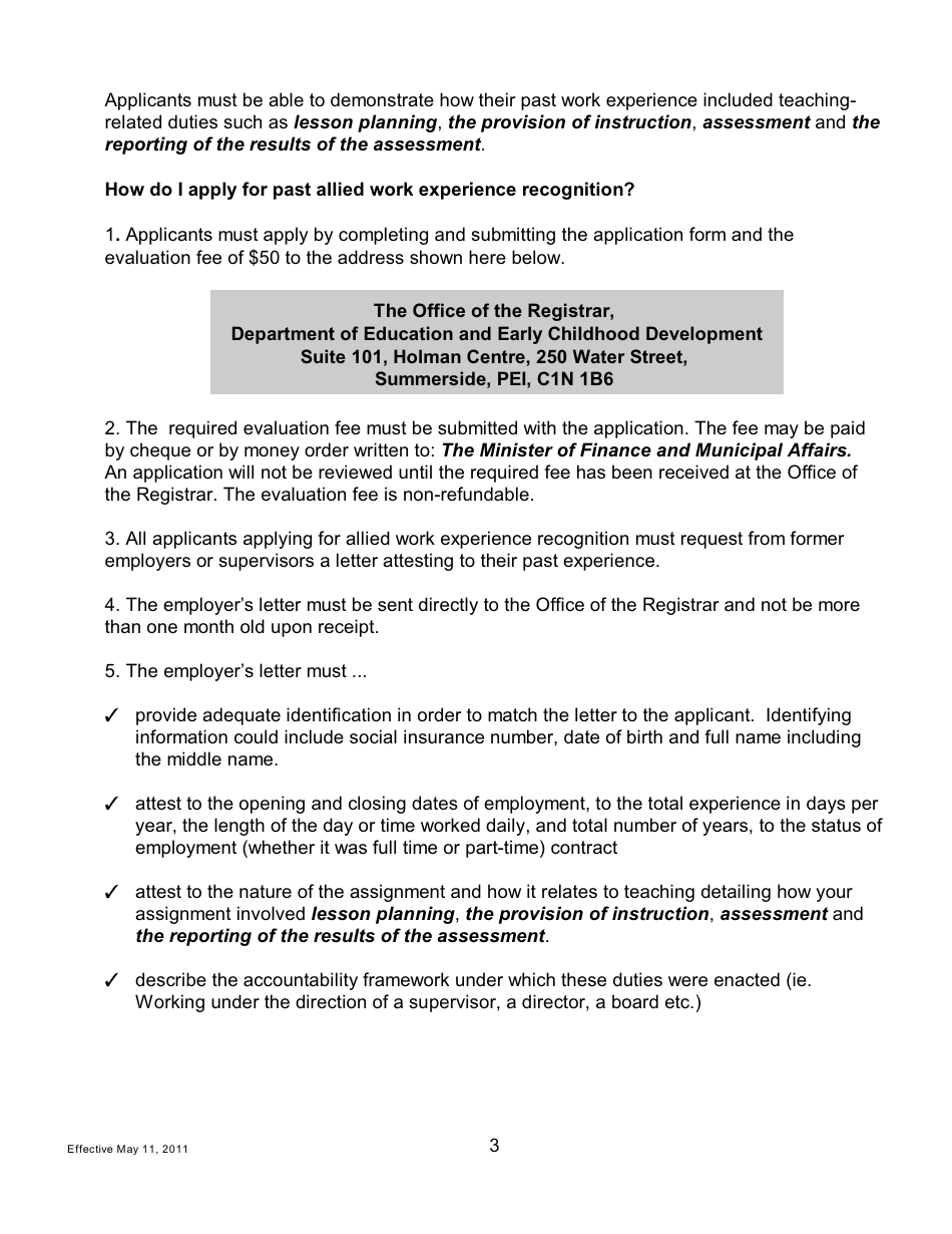 Application for an Evaluation of Allied Work Experience for Salary Purposes - Prince Edward Island, Canada, Page 3