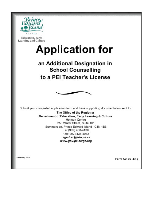 Form AD SC Application for an Additional Designation in School Counselling to a Pei Teacher's License - Prince Edward Island, Canada