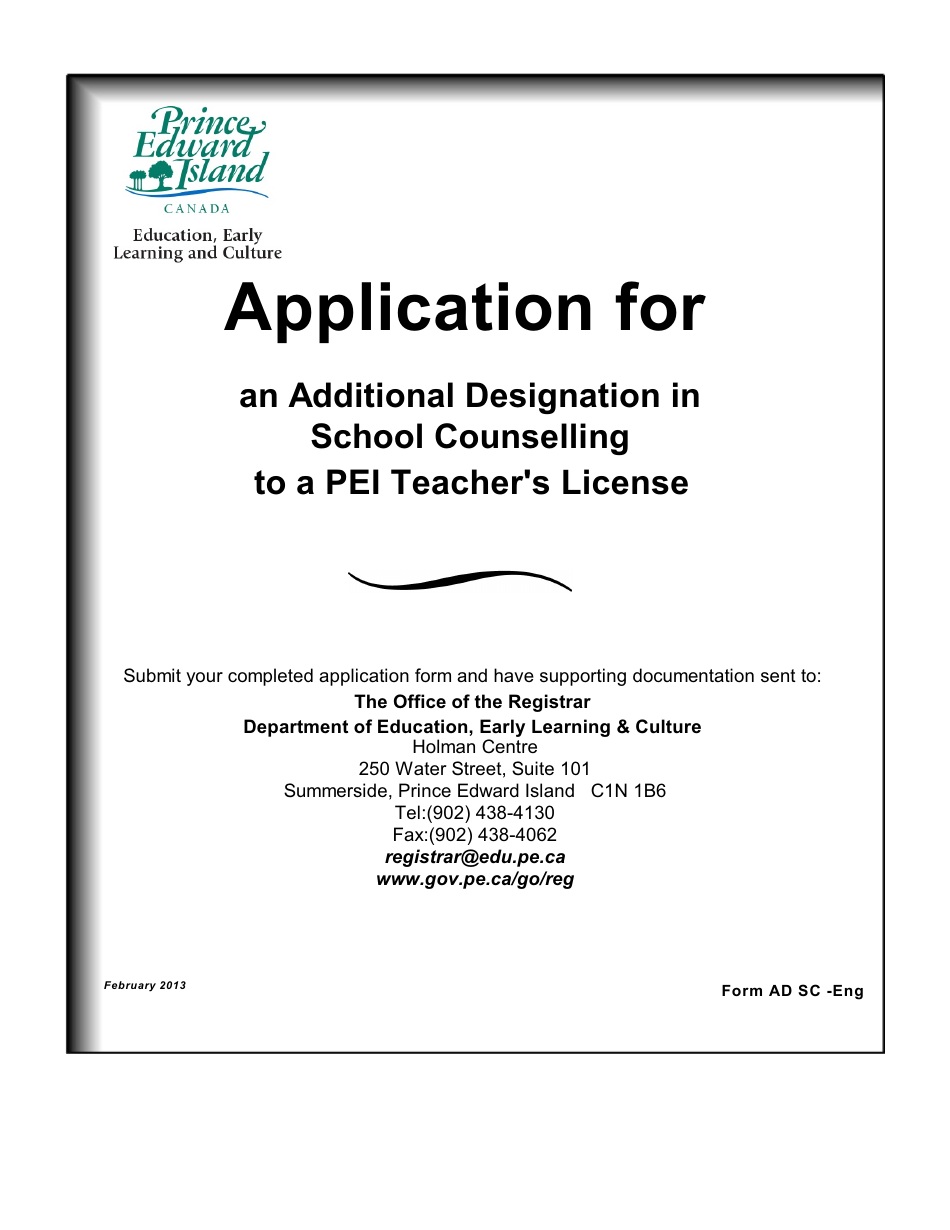 Form AD SC Application for an Additional Designation in School Counselling to a Pei Teachers License - Prince Edward Island, Canada, Page 1