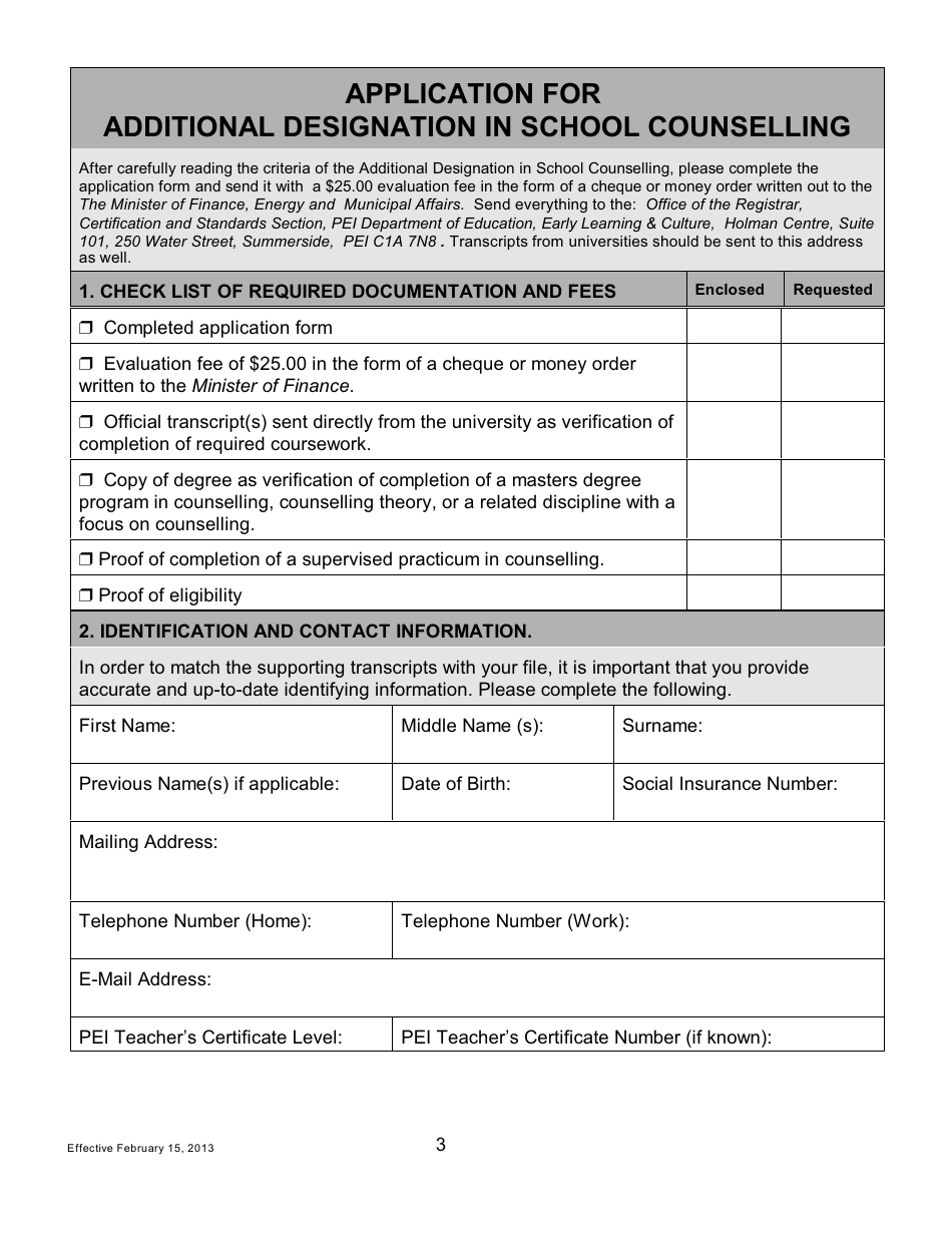 Form AD SC Application for an Additional Designation in School Counselling to a Pei Teachers License - Prince Edward Island, Canada, Page 3