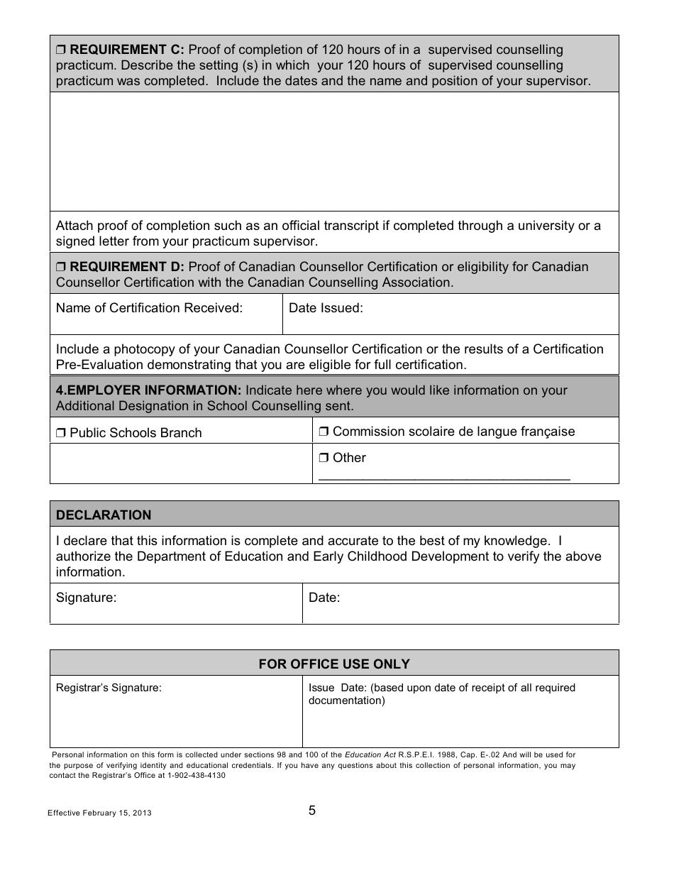 Form AD SC Application for an Additional Designation in School Counselling to a Pei Teachers License - Prince Edward Island, Canada, Page 5