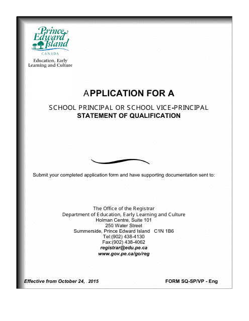 Form SQ-SP/VP Application for a School Principal or School Vice-Principal Statement of Qualification - Prince Edward Island, Canada