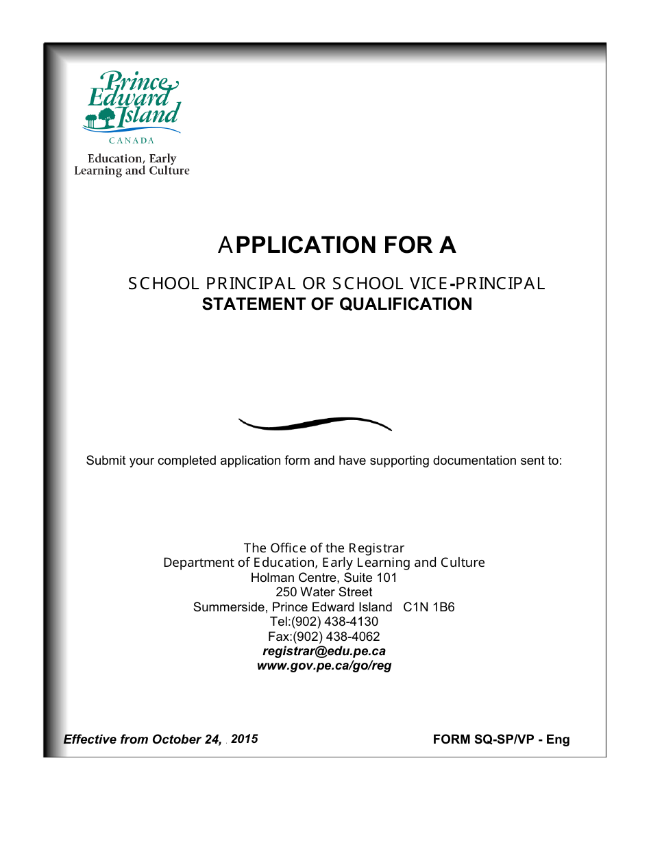 Form SQ-SP / VP Application for a School Principal or School Vice-Principal Statement of Qualification - Prince Edward Island, Canada, Page 1