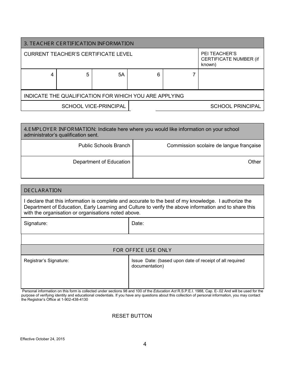 Form SQ-SP / VP Application for a School Principal or School Vice-Principal Statement of Qualification - Prince Edward Island, Canada, Page 4