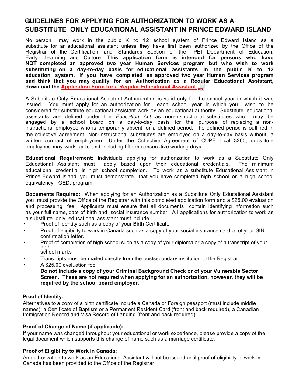 Application for a Substitute Only Educational Assistant Authorization - Prince Edward Island, Canada, Page 2