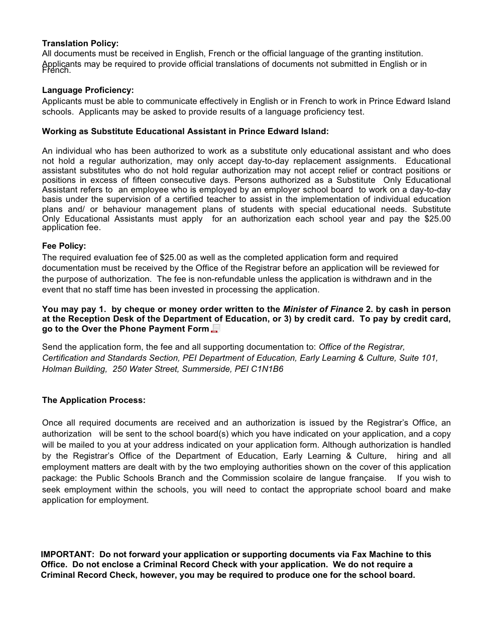 Application for a Substitute Only Educational Assistant Authorization - Prince Edward Island, Canada, Page 3