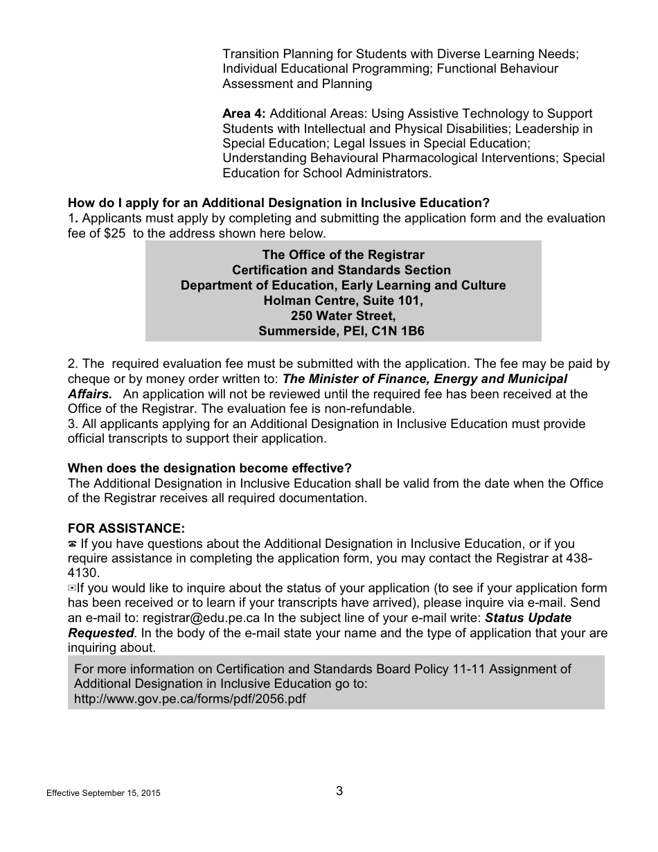 Form AD-INC ED Application for an Additional Designation in Inclusive Education to an Academic Pei Teachers Certificate - Prince Edward Island, Canada, Page 3