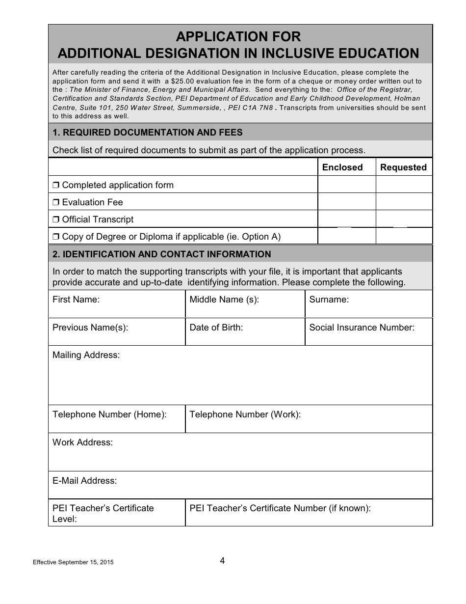 Form AD-INC ED Application for an Additional Designation in Inclusive Education to an Academic Pei Teachers Certificate - Prince Edward Island, Canada, Page 4