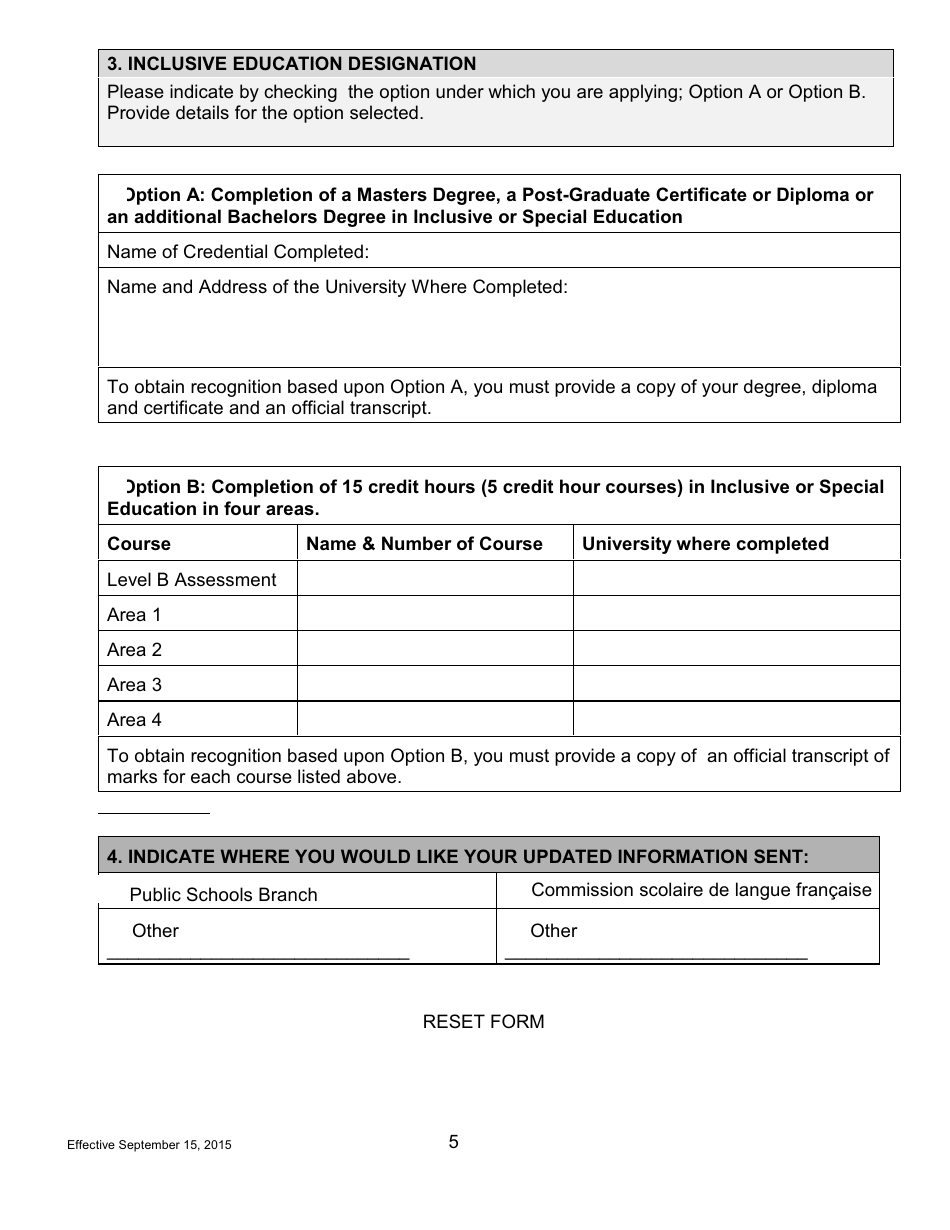 Form AD-INC ED Application for an Additional Designation in Inclusive Education to an Academic Pei Teachers Certificate - Prince Edward Island, Canada, Page 5